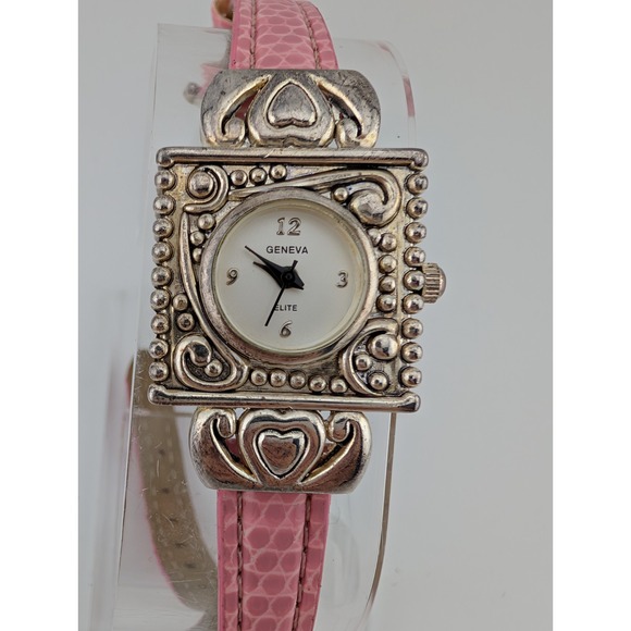 Geneva Elite Watch Women 23mm Silver Case Pink Band- New Battery - Picture 1 of 7